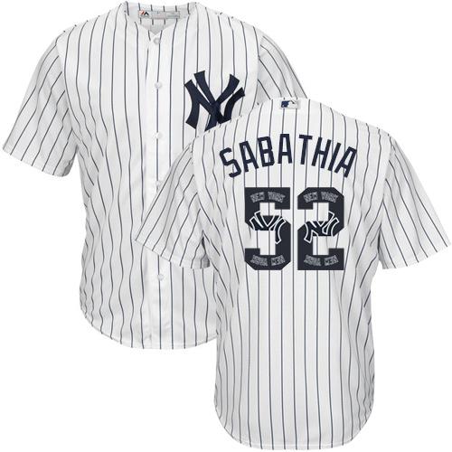 Yankees #52 C.C. Sabathia White Strip Team Logo Fashion Stitched MLB Jersey - Click Image to Close